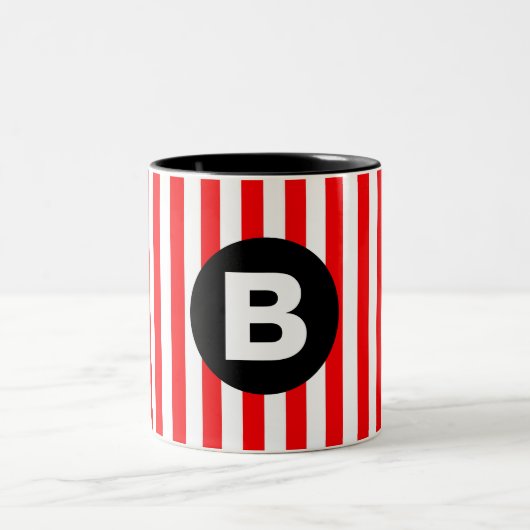 Red White Vertical Stripes Black Monogram Tweekleurige Koffiemok (Center)