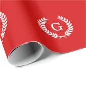 Red White Wheat Laurel Wreated Initiaal Monogram Cadeaupapier (Rol Hoek)