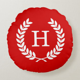 Red White Wheat Laurel Wreated Initiaal Monogram Rond Kussen