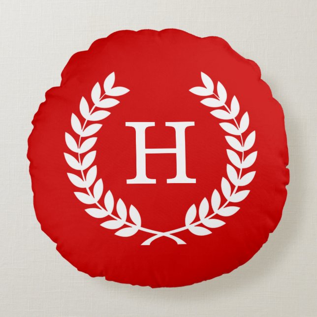 Red White Wheat Laurel Wreated Initiaal Monogram Rond Kussen (Voorkant)