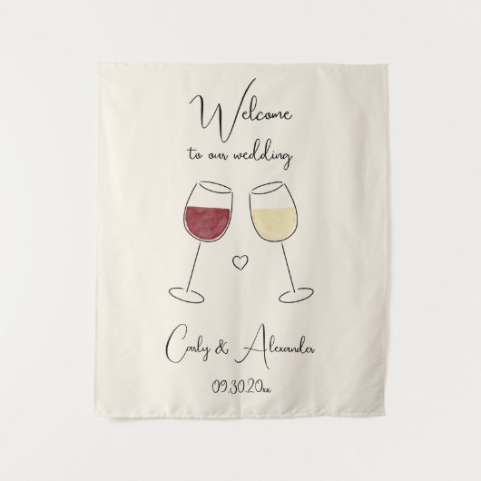 Red White Wine Glass Wedding Welcome Wandkleed (Voorkant)