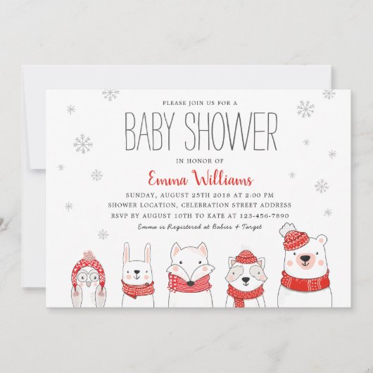 Red White Winter Snow Woodland Animals Baby shower Kaart (Voorkant)