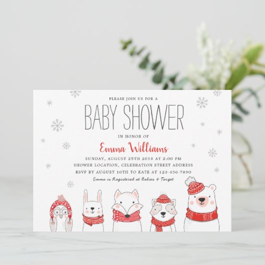 Red White Winter Snow Woodland Animals Baby shower Kaart (Staand voorkant)