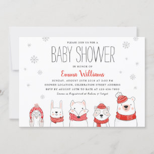 Red White Winter Snow Woodland Animals Baby shower Kaart