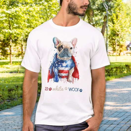 Red White Wof Patriotic French Bulldog 4 juli T-shirt