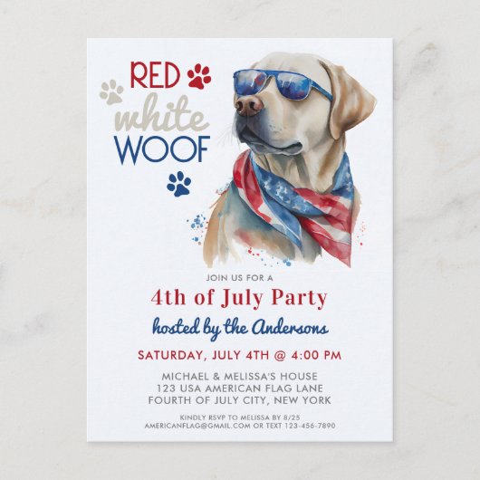 Red White Wof Patriotic Labrador Dog 4 juli Uitnodiging Briefkaart (Voorkant)