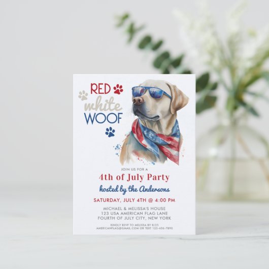 Red White Wof Patriotic Labrador Dog 4 juli Uitnodiging Briefkaart (Staand voorkant)