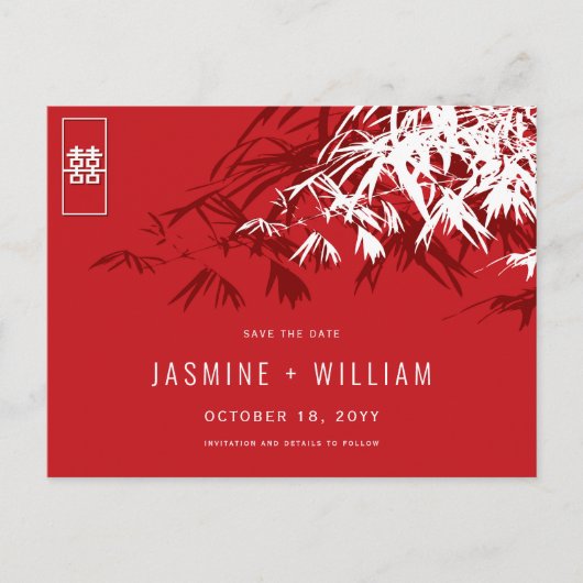 Red White Zen Bamboo Chinese bruiloft redt de datu Aankondigingskaart (Voorkant)
