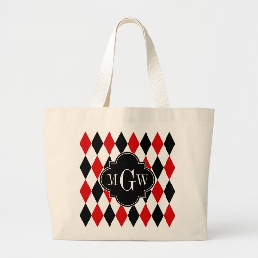 Red Wht Black Harlequin Blk Quatrefoil 3 Monogram Grote Tote Bag (Voorkant)