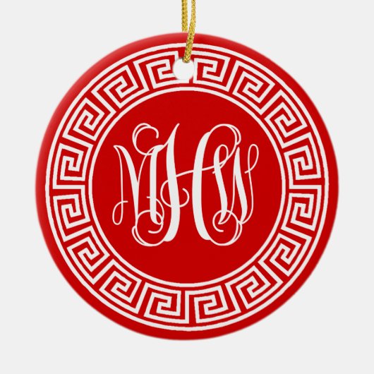 Red Wht Vine Script Monogram Font Greek Key Frame Keramisch Ornament (Voorkant)