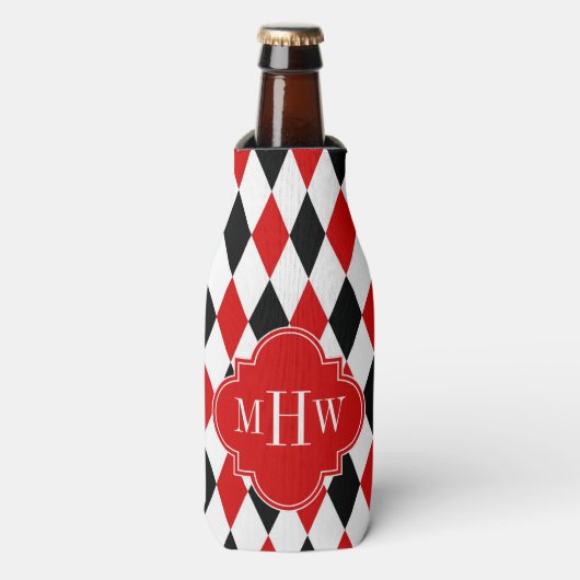 Red Whton Black Harlequin Red Quatrefoil 3 Monogra Flesjeskoeler (Fles Voorkant)