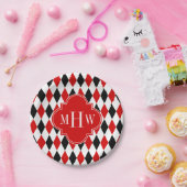 Red Whton Black Harlequin Red Quatrefoil 3 Monogra Papieren Bordje (Feest)