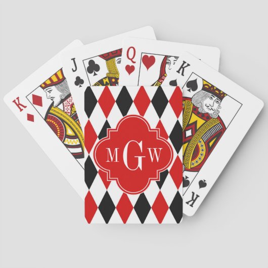 Red Whton Black Harlequin Red Quatrefoil 3 Monogra Pokerkaarten (Achterkant)