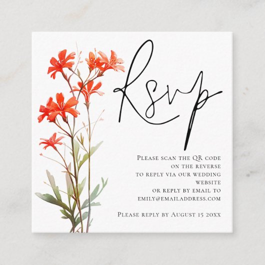 Red Wildflower Script QR Code Bruiloft RSVP Informatiekaartje (Voorkant)