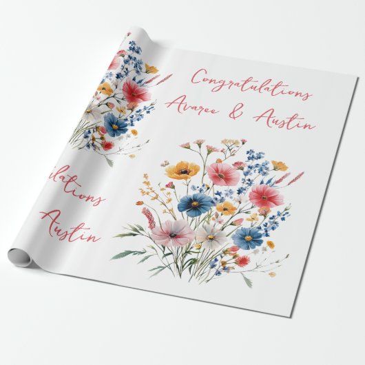 Red Wildflowers Wedding/Douche Gefeliciteerd Cadeaupapier (Uitgerold)