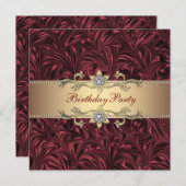 Red Wine Burgundy and Gold Birthday Party Kaart (Voorkant / Achterkant)