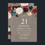 Red Wine Burgundy Floral 21st Birthday Party Kaart<br><div class="desc">Red Wine Burgundy Floral 21st Birthday Party,  prachtig elegant floral waterverf design Volledig  / gepersonaliseerd</div>