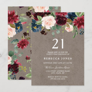 Red Wine Burgundy Floral 21st Birthday Party Kaart