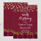 Red Wine Burgundy Floral 40th Birthday Party Kaart (Voorkant / Achterkant)