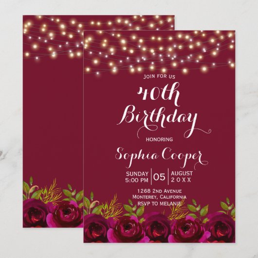 Red Wine Burgundy Floral 40th Birthday Party Kaart (Voorkant / Achterkant)