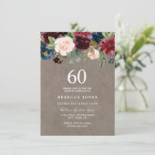 Red Wine Burgundy Floral 60th Birthday Party Kaart (Staand voorkant)