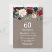 Red Wine Burgundy Floral 60th Birthday Party Kaart (Voorkant)