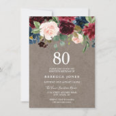 Red Wine Burgundy Floral 80th Birthday Party Kaart (Voorkant)