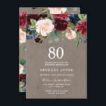 Red Wine Burgundy Floral 80th Birthday Party Kaart<br><div class="desc">Red Wine Burgundy Floral 80th Birthday Party Uitnodiging prachtige elegante florale waterverf Volledig  / op maat gemaakt</div>