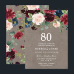 Red Wine Burgundy Floral 80th Birthday Party Kaart<br><div class="desc">Red Wine Burgundy Floral 80th Birthday Party Uitnodiging prachtige elegante florale waterverf Volledig  / op maat gemaakt</div>