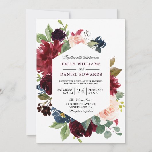Red Wine Burgundy Floral Lijst Wedding Invite Kaart (Voorkant)