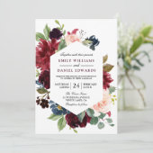 Red Wine Burgundy Floral Lijst Wedding Invite Kaart (Staand voorkant)