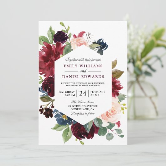 Red Wine Burgundy Floral Lijst Wedding Invite Kaart (Staand voorkant)