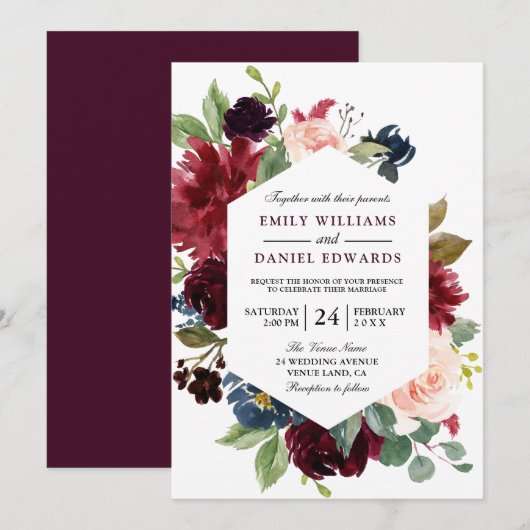 Red Wine Burgundy Floral Lijst Wedding Invite Kaart (Voorkant / Achterkant)