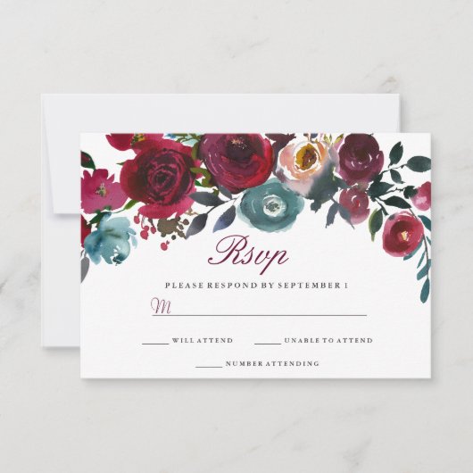 Red Wine Burgundy Floral Wedding RSVP (Voorkant)