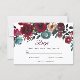 Red Wine Burgundy Floral Wedding RSVP Kaartje