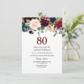 Red Wine Burgundy Flowers 80th Birthday Invite Kaart (Staand voorkant)
