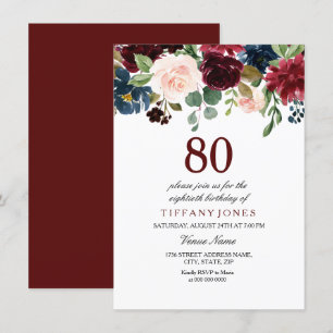 Red Wine Burgundy Flowers 80th Birthday Invite Kaart