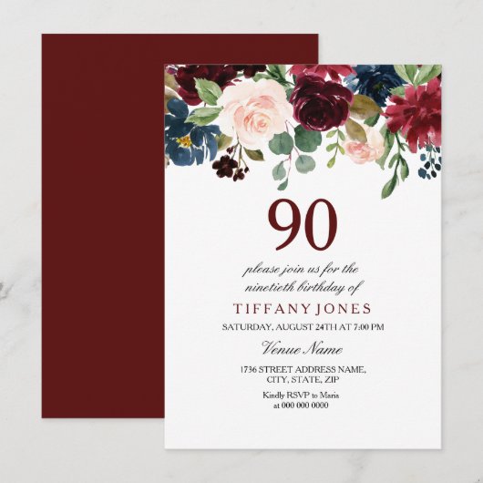 Red Wine Burgundy Flowers 90th Birthday Invite Kaart (Voorkant / Achterkant)