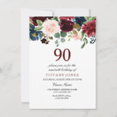 Red Wine Burgundy Flowers 90th Birthday Invite Kaart (Voorkant)