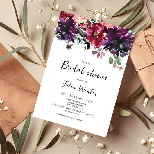 Red Wine Floral Bridal Shower Invitation Kaart