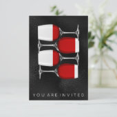 Red Wine Glass Black Silver Glass Invitation Kaart (Staand voorkant)