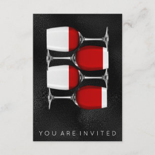 Red Wine Glass Black Silver Glass Invitation Kaart