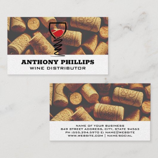 Red Wine Glass Logo | Cork Piles Background Visitekaartje (Voorkant / Achterkant)