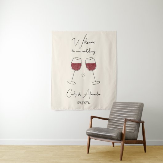Red Wine Glass Wedding Welcome Wandkleed (In situ)