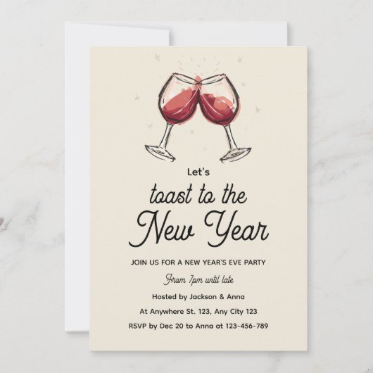 Red Wine Glasses Hand Drawn New Year's Eve Party Kaart (Voorkant)