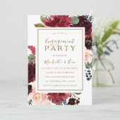 Red Wine Gold Floral Waterverf Engagement Party Kaart (Staand voorkant)