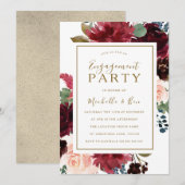Red Wine Gold Floral Waterverf Engagement Party Kaart (Voorkant / Achterkant)
