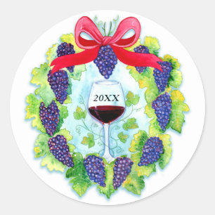Red Wine Grapes Holiday Wreate met wijnglas Ronde Sticker