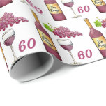Red Wine Lovers Pattern 60th Birthday Cadeaupapier<br><div class="desc">Waterverf kunst van rode wijnflesjes,  druiven en glazen patroon 60e cadeauomslag van de Birthday.</div>