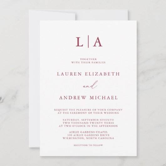 Red Wine Monogram Simple Minimalist Weddenschap In Kaart (Voorkant)